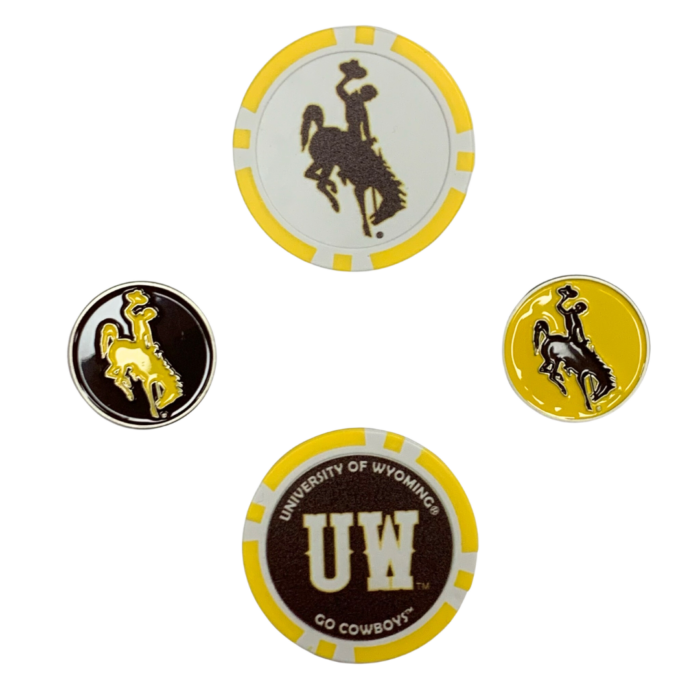 4 golf ball markers with various Wyoming Cowboys designs in brown and gold