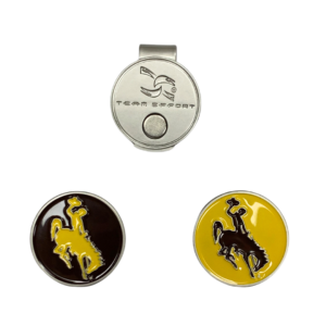 Metal hat clip ball marker, design is brown circle with gold bucking horse in center, and gold circle with brown bucking horse in center