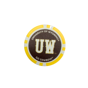 Front of oversized ball marker, design is brown with gold outline, white words university of Wyoming go cowboys surrounding white UW with gold outline