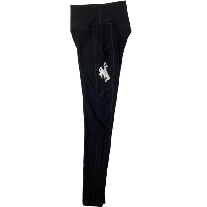 Women's black leggings, design is white bucking horse on left hip