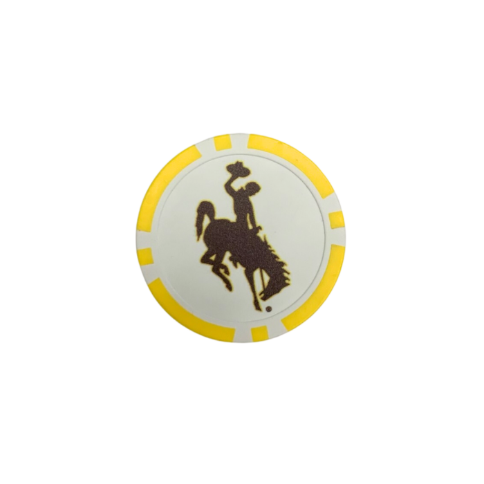 Back of oversized ball marker, design is white with gold outline, brown bucking horse in center