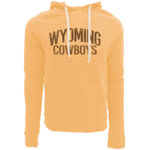 Men's gold hoodie, design is brown word Wyoming above brown word cowboys, white hoodie strings, gold front kangaroo pocket