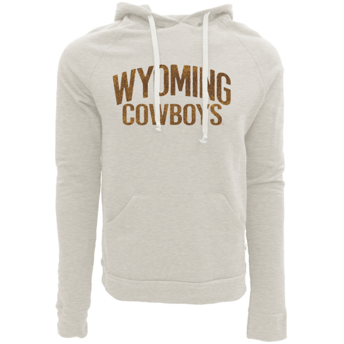 Men's off-white hoodie, design is brown word Wyoming above brown word cowboys, white hoodie strings, off-white front kangaroo pocket
