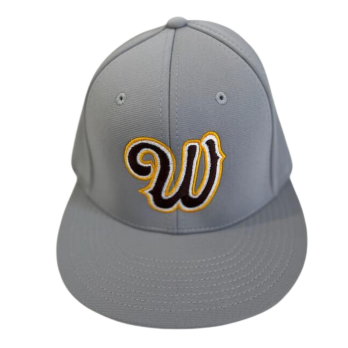 front view of grey flex-fit hat, design is brown script letter W with gold and white outline