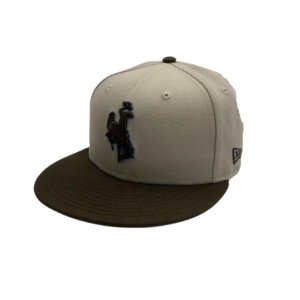 Front of light brown fitted hat with dark brown flat bill, design is dark brown bucking horse embroidered on front center