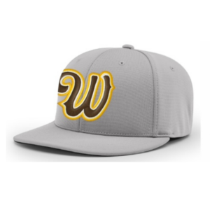 Grey flex-fit hat, design is brown script letter W with gold and white outline