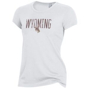 Women's white tee, design is centered distressed brown word Wyoming above distressed brown bucking horse
