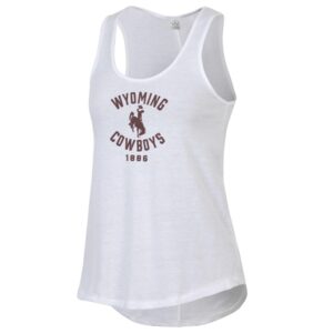 Women's white tank, design is brown arched word Wyoming above brown bucking horse, brown word cowboys arched below, above brown 1886