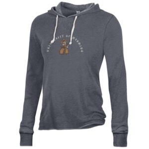 Women's grey hood, design is faded white arched words university of Wyoming above faded pistol pete logo