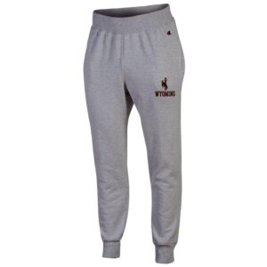 Men's grey joggers, design is brown bucking horse with gold outline above brown word Wyoming with gold outline, both on left leg
