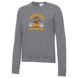 Women's grew crewneck, design is arched gold word Wyoming above pistol pete logo with white striped lines behind, gold word cowboys below