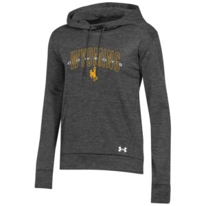 Women's black hoodie, design is gold word Wyoming outline, white word cowboys in front of word Wyoming, which is above gold bucking horse