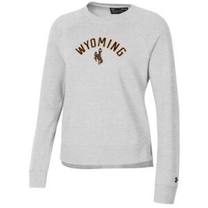 Women's silver crew, design is centered brown word Wyoming with gold outline above brown bucking horse gold outline