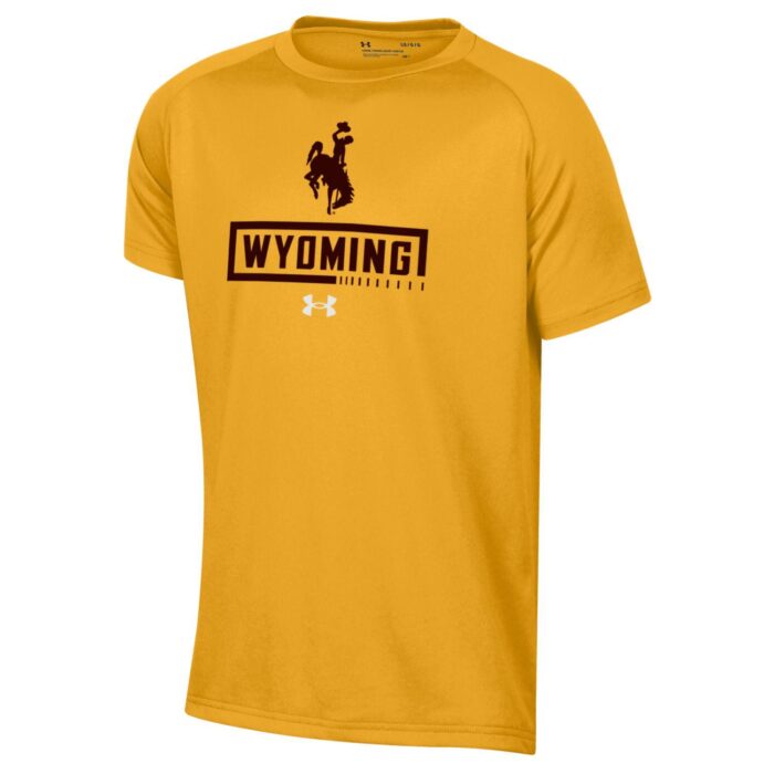 Youth gold short sleeve tee, design is brown bucking horse above brown word Wyoming with brown box outline, white under armour logo below