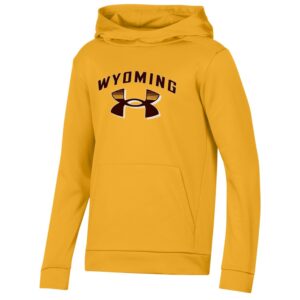 Gold youth hoodie, design is brown word Wyoming above brown logo with white shadow and receding gold lines on top half
