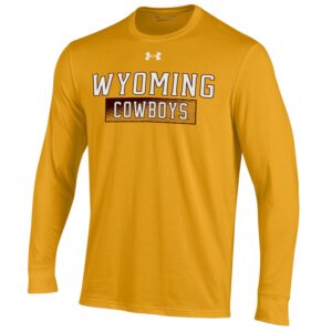Gold men's long sleeve, design is white logo above white word Wyoming brown outline, black shadowed box below with white word cowboys inside