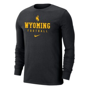 Nike men's black long sleeve, design is gold bucking horse above gold word Wyoming, above gold word football with gold Nike logo below