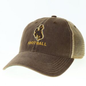 adjustable hat with brown body and tan mesh back. Brown bucking horse on front center with word Football below in gold font