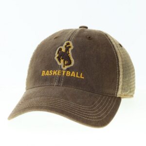 adjustable hat with brown body and tan mesh back. Brown bucking horse on front center with word basketball below in gold font