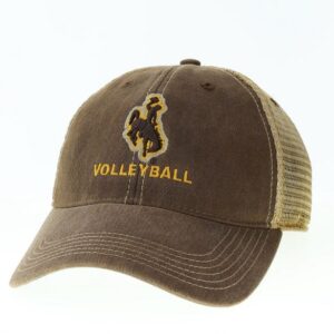 adjustable hat with brown body and tan mesh back. Brown bucking horse on front center with word volleyball below in gold font
