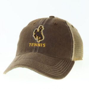adjustable hat with brown body and tan mesh back. Brown bucking horse on front center with word tennis below in gold font