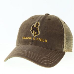 adjustable hat with brown body and tan mesh back. Brown bucking horse on front center with slogan track and field below in gold font
