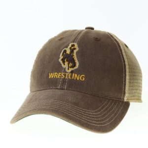 adjustable hat with brown body and tan mesh back. Brown bucking horse on front center with word wrestling below in gold font