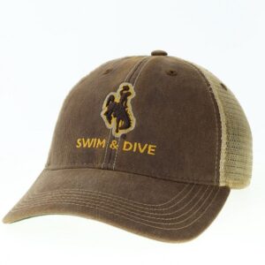adjustable hat with brown body and tan mesh back. Brown bucking horse on front center with slogan swim and dive below in gold font