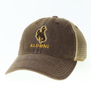 adjustable hat with brown body and tan mesh back. Brown bucking horse on front center with word alumni below in gold font