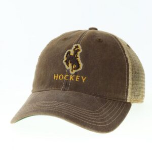 adjustable hat with brown body and tan mesh back. Brown bucking horse on front center with word hockey below in gold font