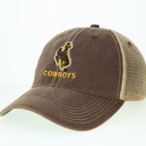 adjustable hat with brown body and tan mesh back. Brown bucking horse on front center with word Cowboys below in gold font