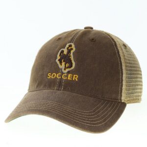 adjustable hat with brown body and tan mesh back. Brown bucking horse on front center with word soccer below in gold font