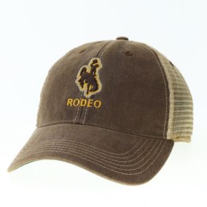 adjustable hat with brown body and tan mesh back. Brown bucking horse on front center with word rodeo below in gold font