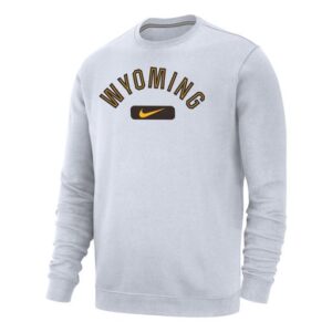 White Nike crewneck, design is gold word Wyoming brown outline arched above brown stripe with gold Nike logo centered