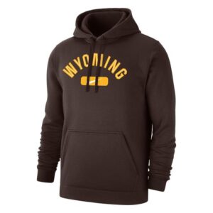 Brown Nike hoodie, design is gold word Wyoming arched above gold stripe with white Nike logo centered