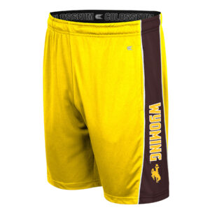 Gold men's shorts, design is brown vertical stripe along side, gold word Wyoming white outline, above gold bucking horse