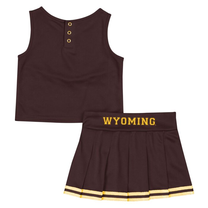 Back of brown toddler cheer outfit, design is gold word Wyoming on waistband of skirt