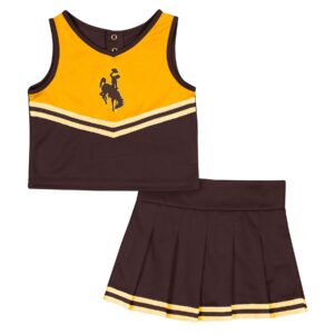 Brown toddler cheer outfit, design is brown bucking horse on gold portion, white retro stripe design on top, brown skirt with gold trim