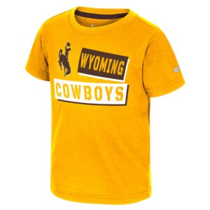 Gold toddler tee, design is brown bucking horse next to brown stripe gold word Wyoming, above gold word cowboys in white stripe