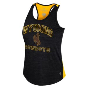 Black women's tank, design is black word Wyoming gold outline above brown bucking horse gold outline, above black word cowboys gold outline