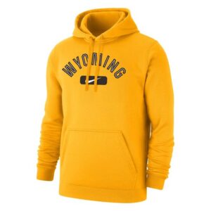 Gold Nike hoodie, design is white word Wyoming brown outline arched above brown stripe with white Nike logo centered