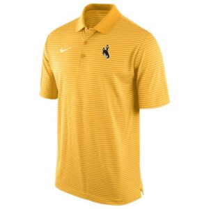 Men's gold and white striped polo, design is brown bucking horse white outline on left chest, white Nike logo on right chest