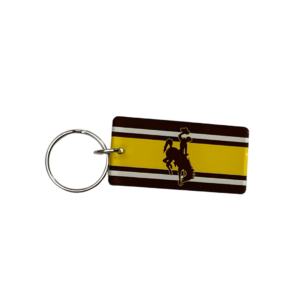 Rectangle key chain, design is brown, white, gold horizontal stripes, brown bucking horse in center