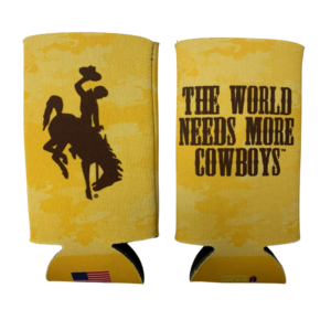 Gold slim can cooler, design is brown bucking horse, other side is brown words the world needs more cowboys
