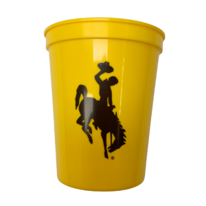 gold, plastic 4.5 by 3.5 inch cup. Brown bucking horse logo printed on front center of cup in brown