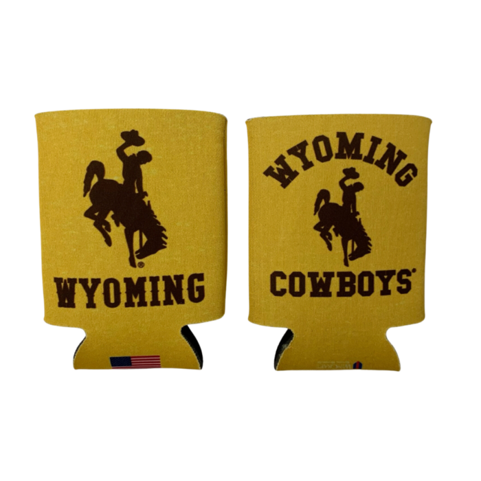 Gold 12 ounce can cooler, design is brown word Wyoming below brown bucking horse, other side is brown arched word Wyoming above brown bucking horse and brown word cowboys