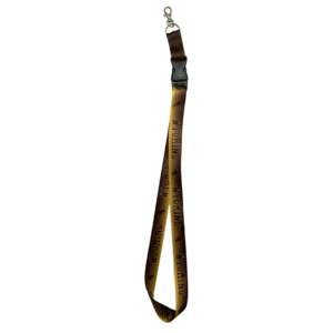 Detachable lanyard, design is brown to gold gradient with brown word Wyoming and brown bucking horse repeating