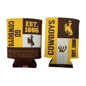 12 ounce can cooler, design is patchwork brown, gold, white squares with various Wyoming symbols and phrases est. 1886, go cowboys, Wyoming and gold bucking horse, brown W