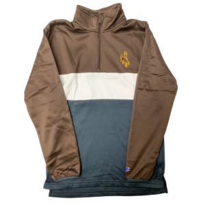 Men's quarter zip, design is top brown portion with brown bucking horse gold outline, mid white portion, grey bottom portion