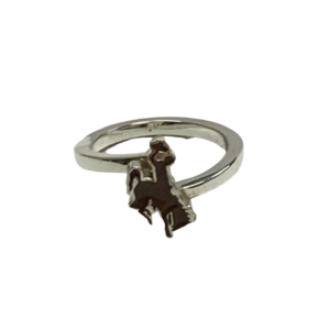 Silver ring, design is silver bucking horse with brown enamel overlay